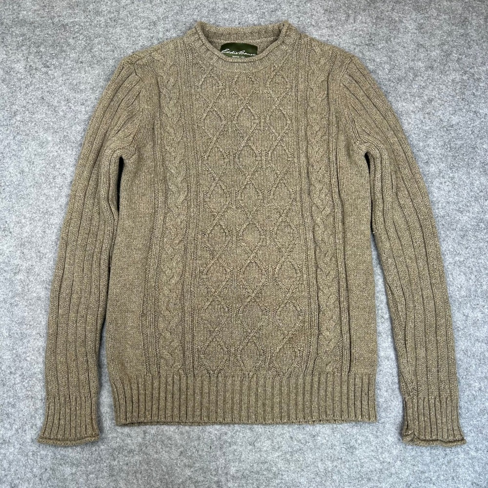 Eddie Bauer Mens Sweater Tall L Brown Cable Knit Roll Neck Cotton Wool Fisherman